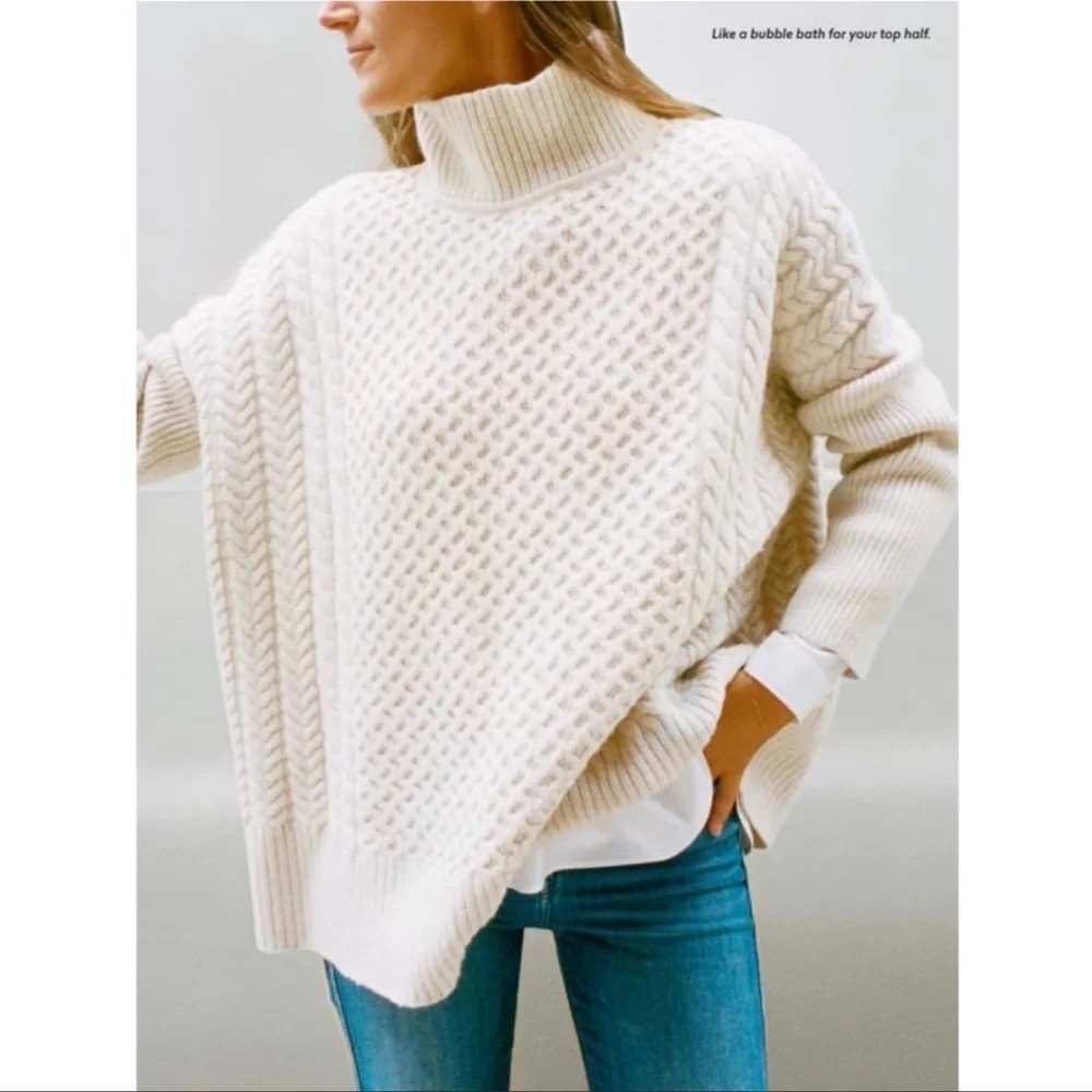 AYR Le Square Sweater XS Ivory 100% Merino Wool Cable Knit Fishermen Cottage